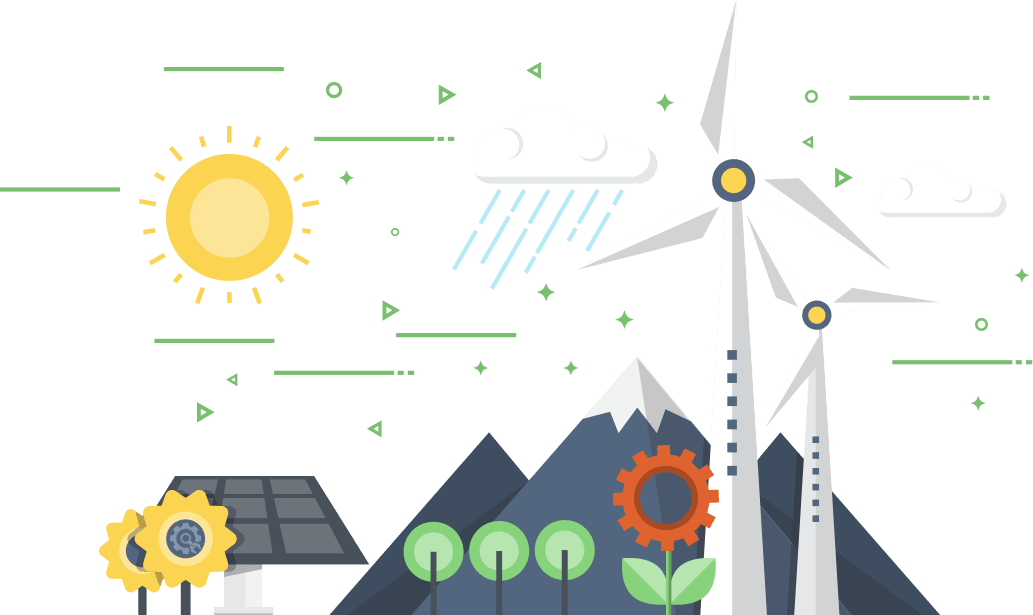 Illustration of renewable energy and environmental systems: sun, wind turbines, solar panel, mountains, and crops.